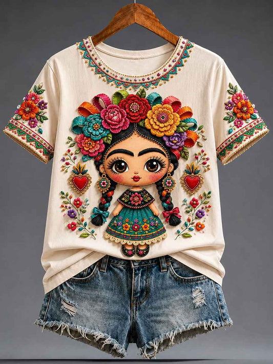 Women's Mexico Guelaguetza Lele Doll Art Printed T-shirt
