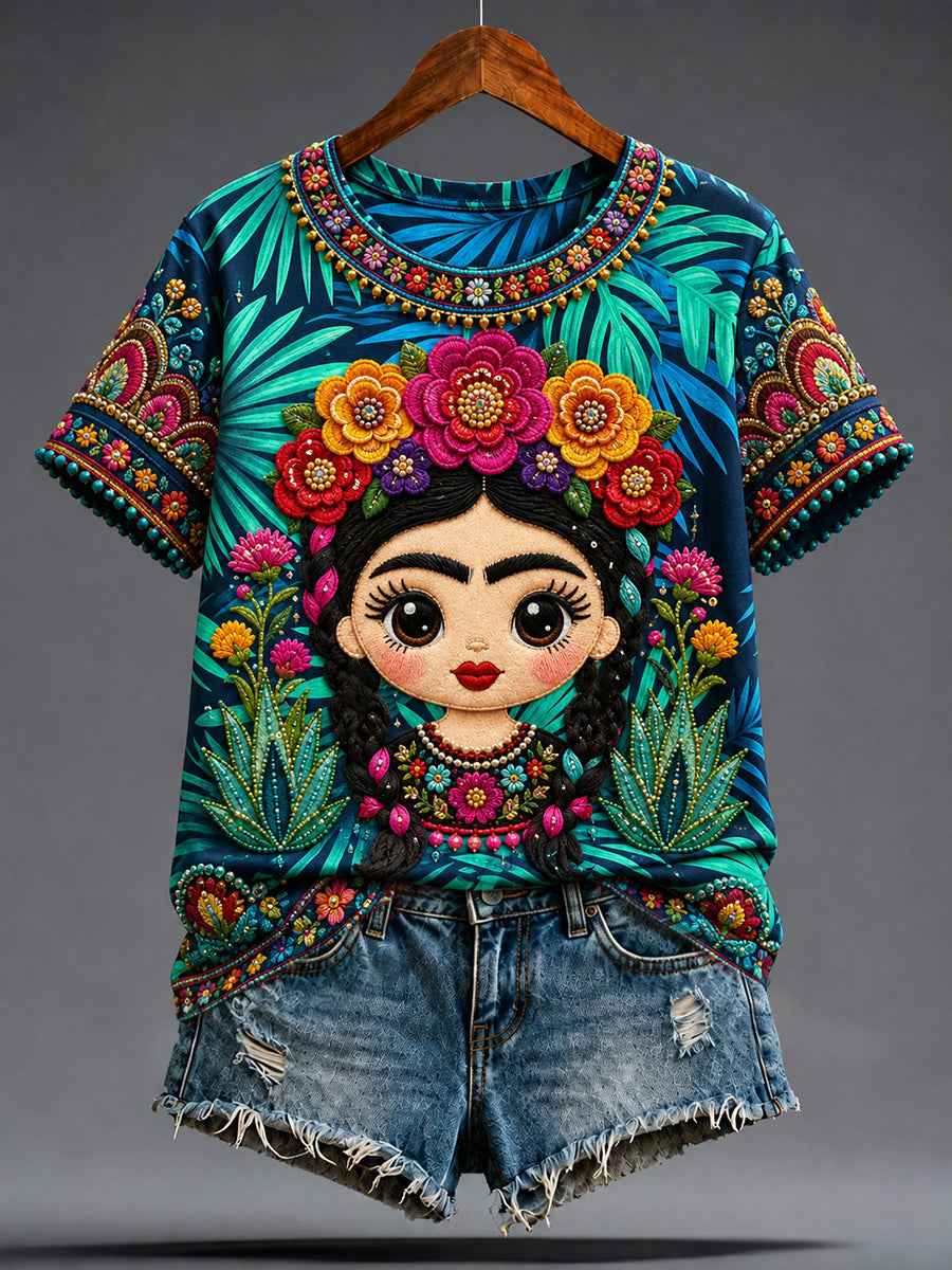 Women's Mexico Guelaguetza Lele Doll Art Printed T-shirt