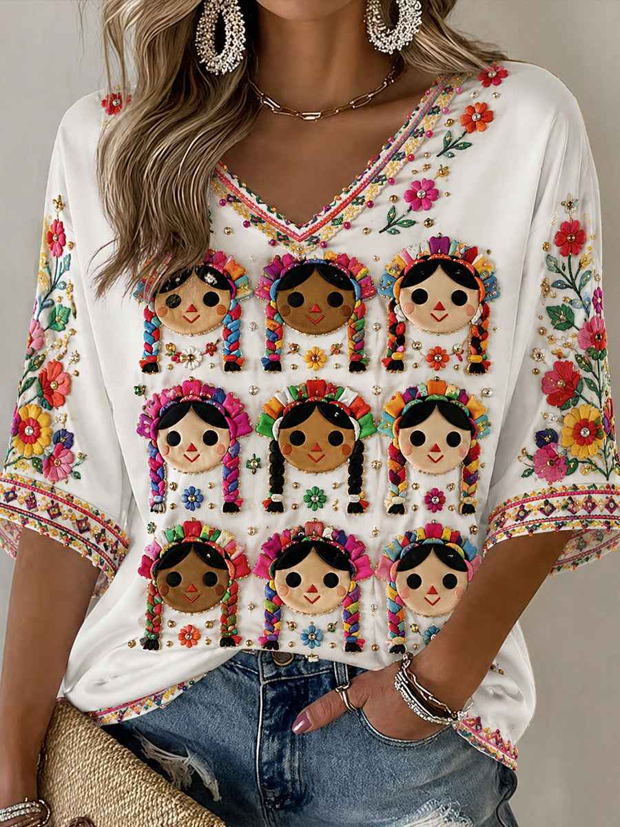 Women's Mexico Guelaguetza Lele Doll Art Printed T-shirt