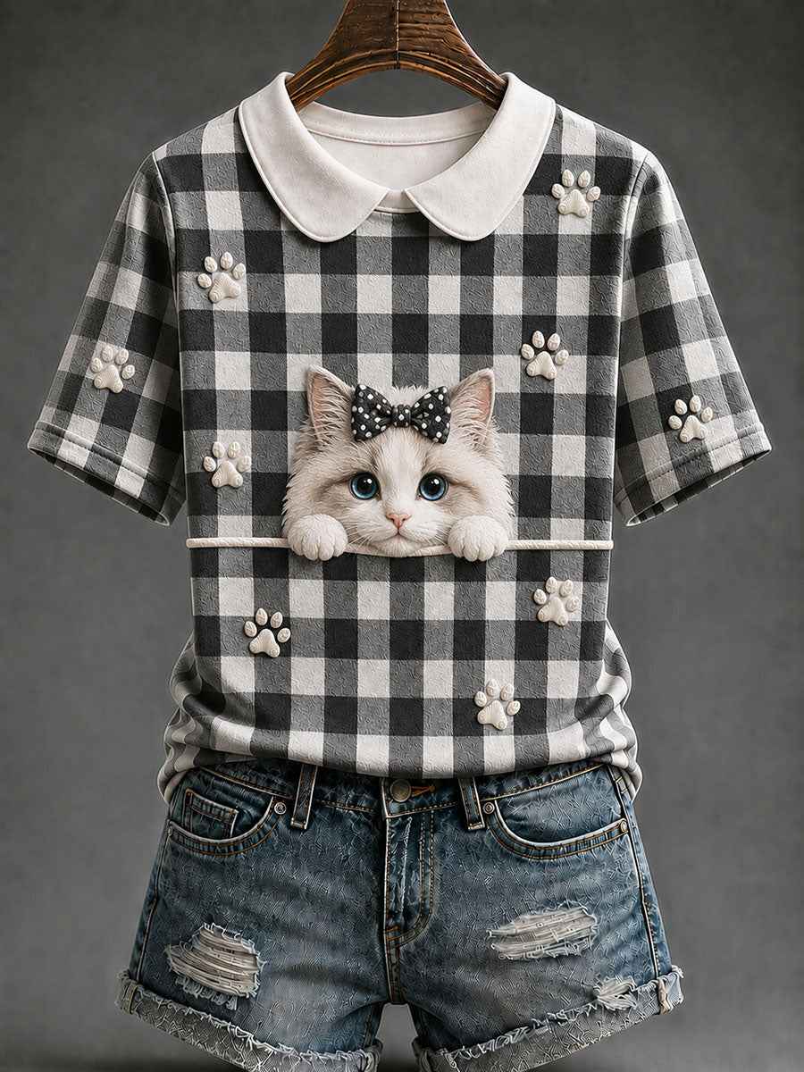 Women's Ragdoll Cat Plaid Print Casual T-Shirt