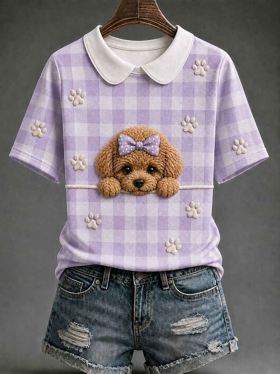 Women's Teddy Dog Plaid Print Casual T-Shirt