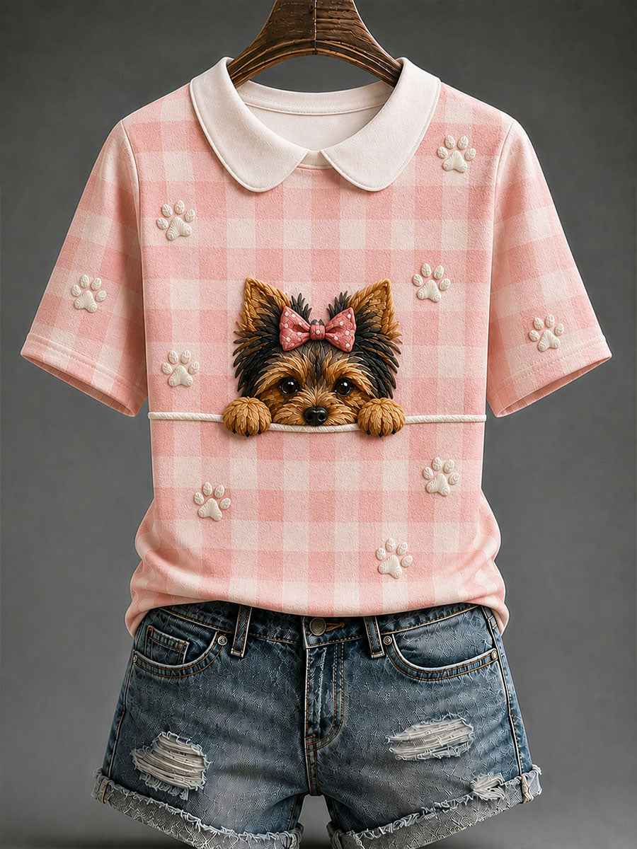Women's Yorkshire Terrier Plaid Print Casual T-Shirt
