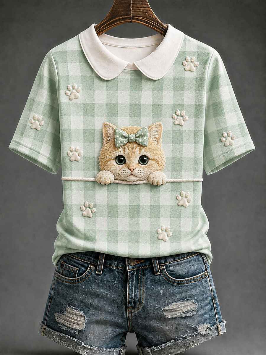 Women's Golden Shaded Cat Plaid Print Casual T-Shirt