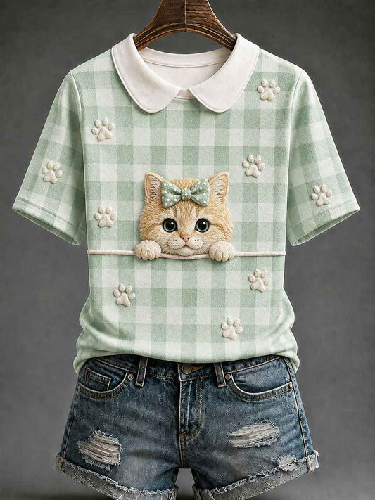 Women's Golden Shaded Cat Plaid Print Casual T-Shirt