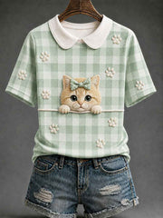 Women's Golden Shaded Cat Plaid Print Casual T-Shirt