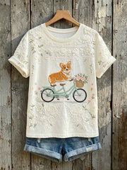 Women's Lovely Floral Corgi Art Print Short-sleeved T-shirt