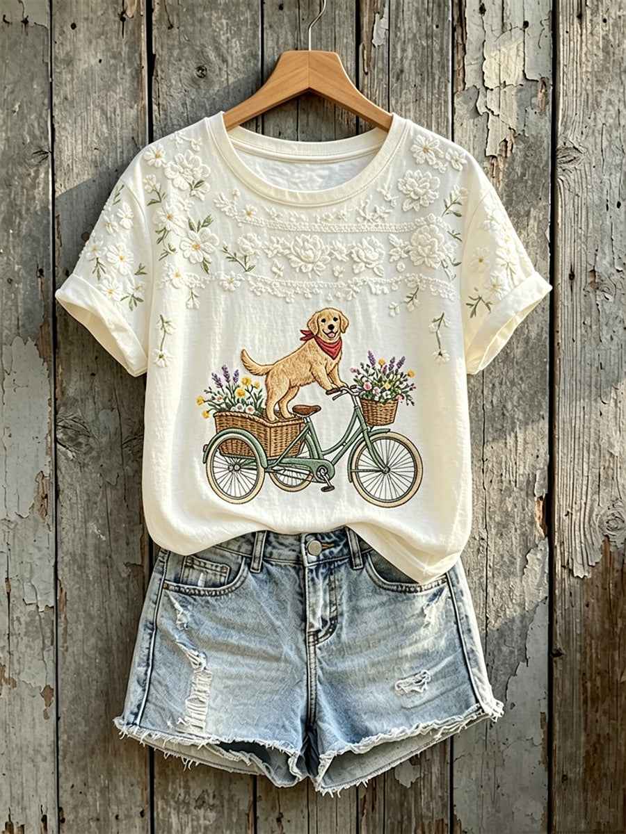 Women's Cute Floral Baby Golden Retriever Print Short-sleeved T-shirt