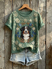 Women's Cute Floral Bernese Mountain Dog Print Short-sleeved T-shirt