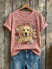 Women's Cute Floral Golden Retriever Print Short-sleeved T-shirt