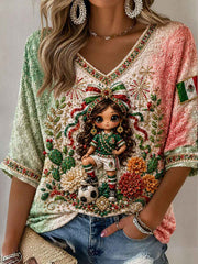 Women's Mexico Football Lover Lele Doll Art Printed T-shirt