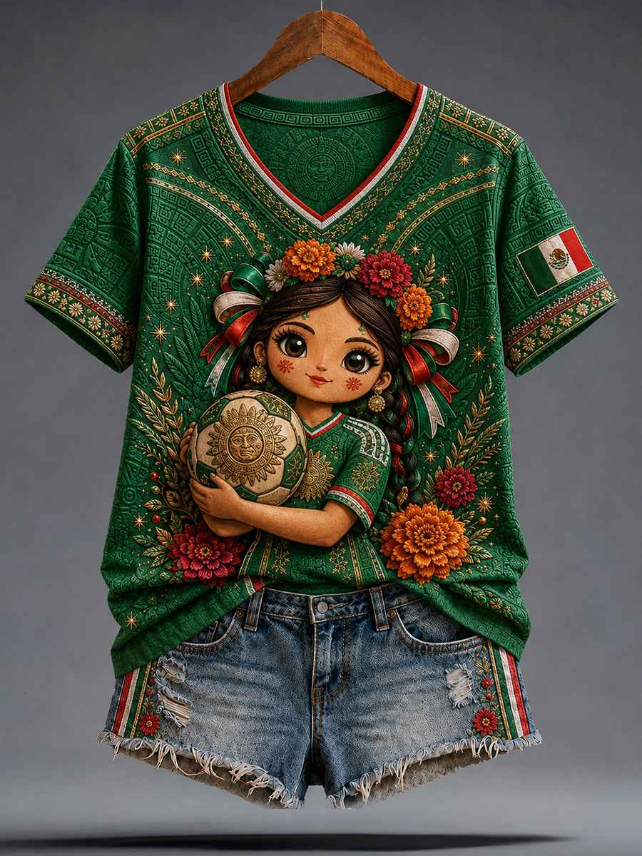 Women's Funny Lele Doll  Mexico Football Lover Art Printed T-Shirt
