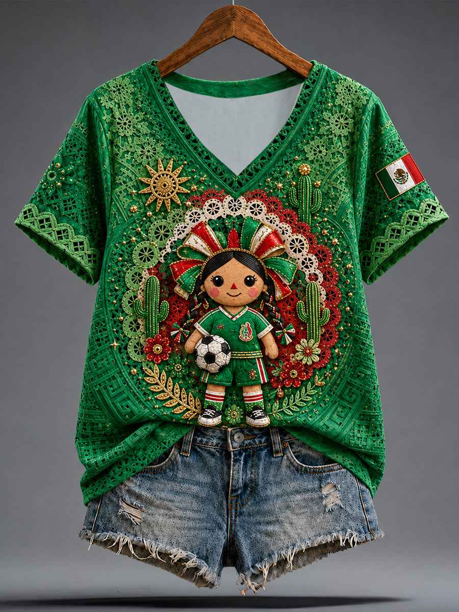 Women's Mexico Football Lover Lele Doll Art Printed T-shirt