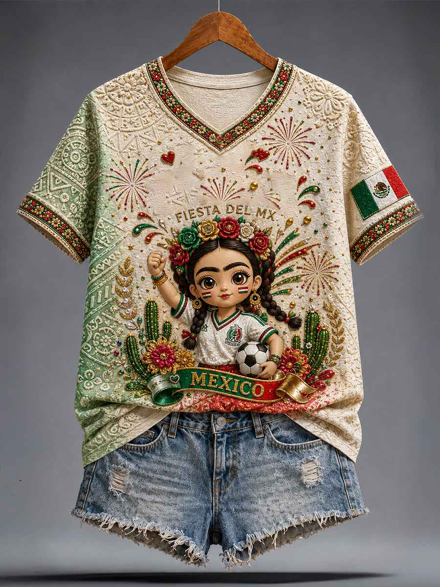 Women's Mexico Football Lover Lele Doll Art Printed T-shirt