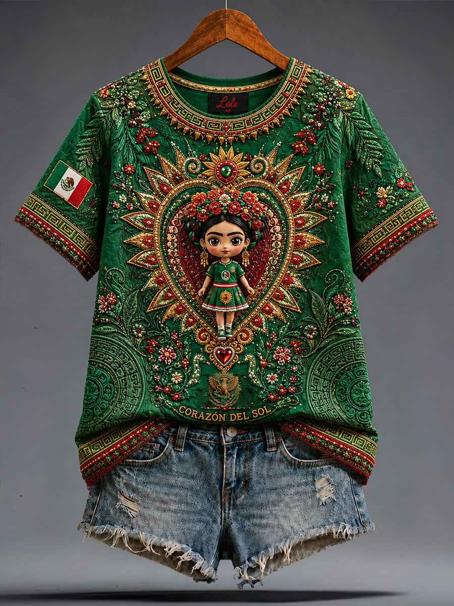 Women's Mexico Football Lover Lele Doll Art Printed T-shirt