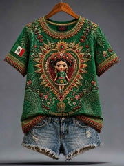 Women's Mexico Football Lover Lele Doll Art Printed T-shirt