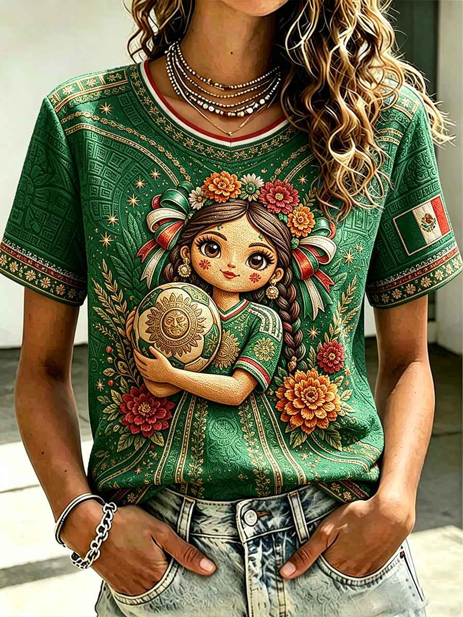Women's Mexico Football Lover Lele Doll Art Printed T-shirt