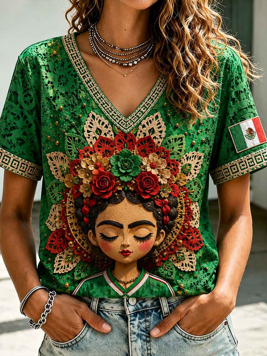 Women's Mexico Football Lover Lele Doll Art Printed T-shirt