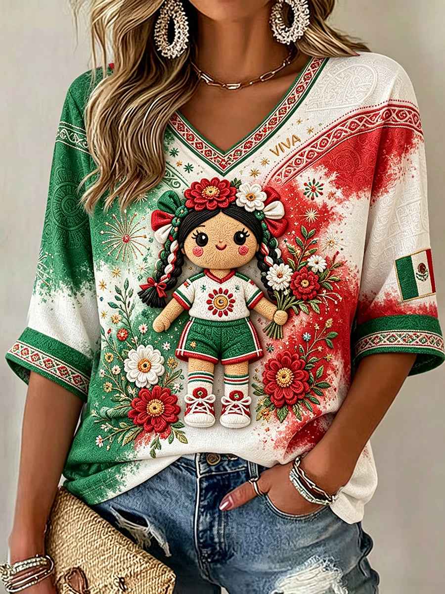 Women's Mexico Football Lover Lele Doll Art Printed T-shirt