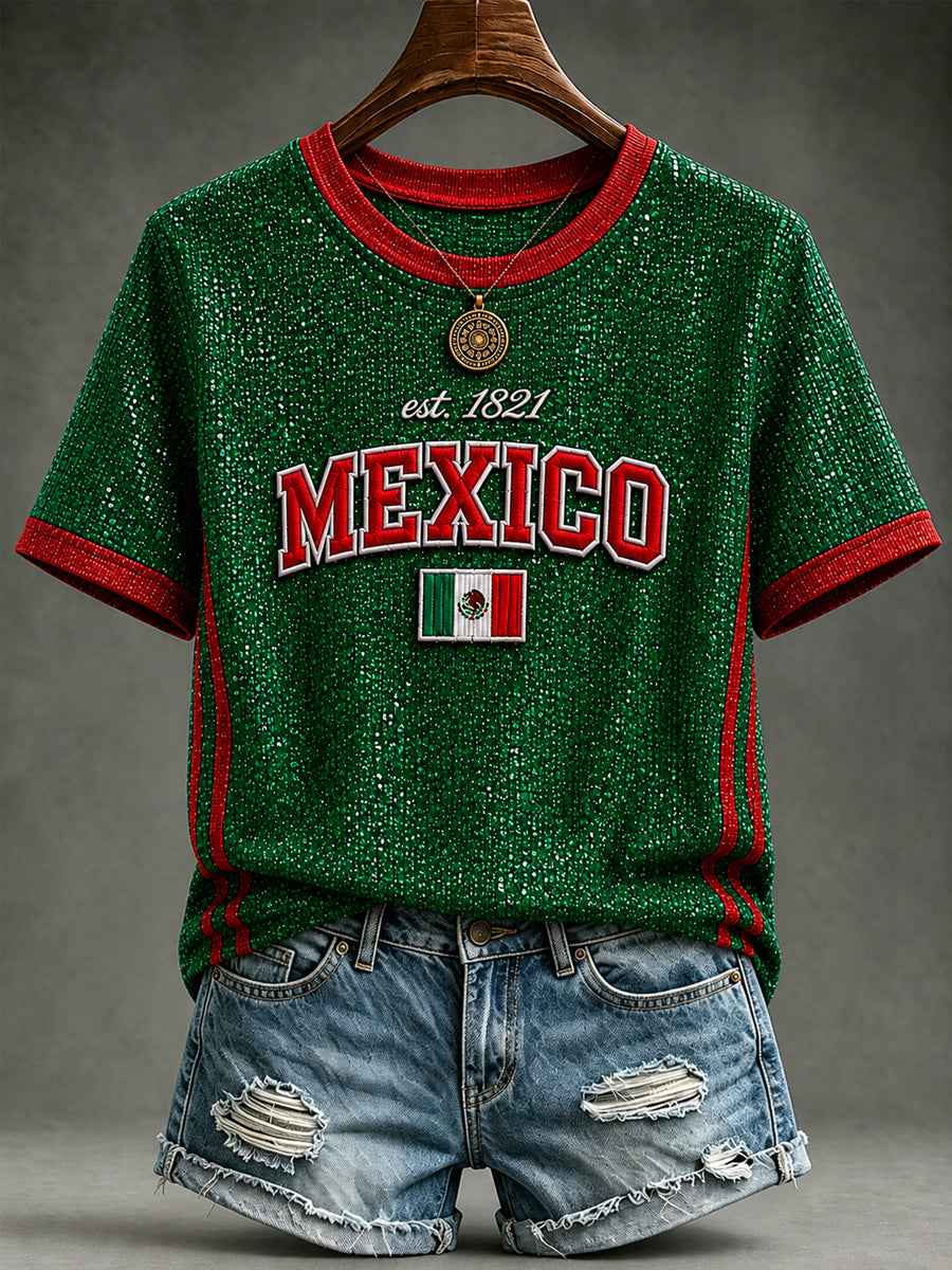 Women's Mexico Football Lover Art O-neck  Short Sleeve T-shirt