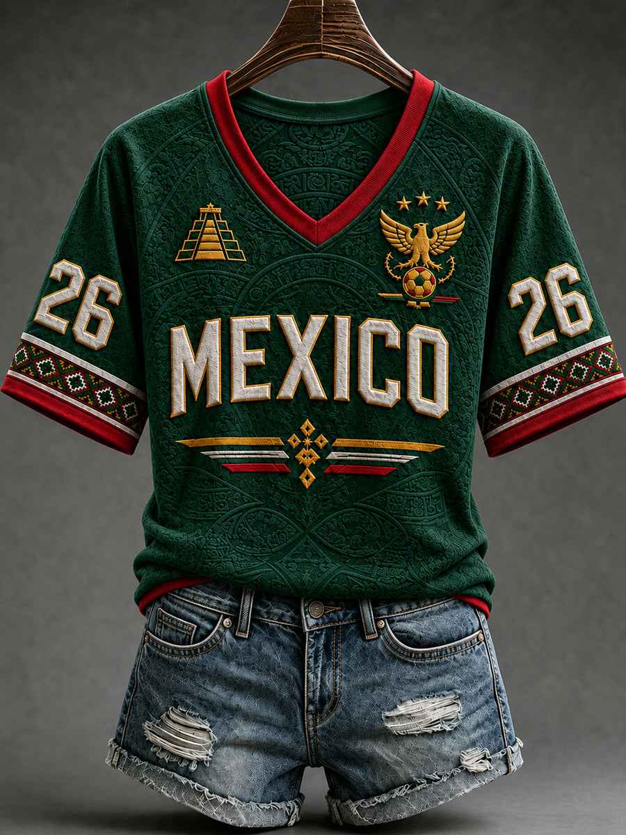 Women's Mexico Football Lover Art V-neck Off-shoulder Short Sleeve T-shirt