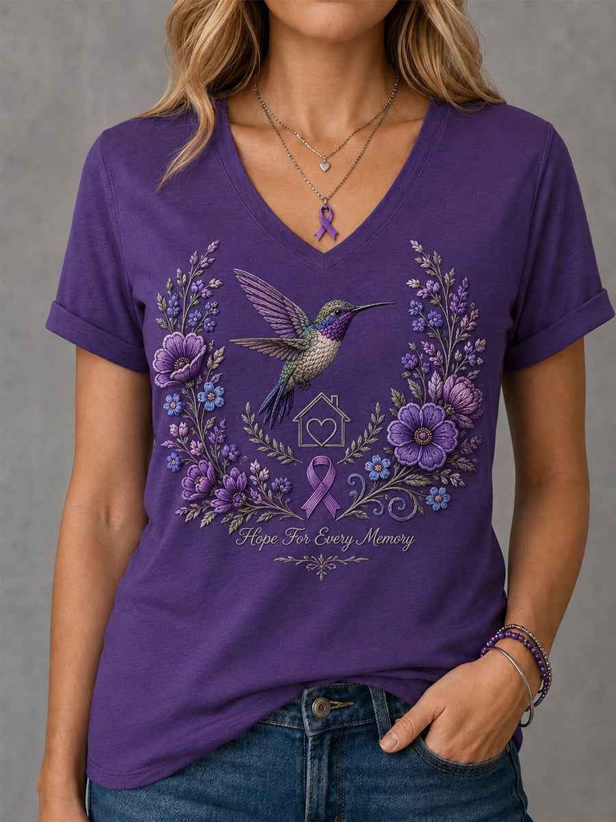 Women's Purple Floral & Hummingbird Print Alzheimer's Awareness Support V-Neck Tee