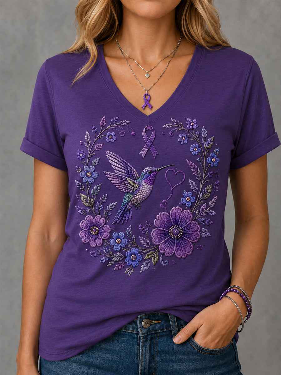 Women's Purple Floral & Hummingbird Print Alzheimer's Awareness Support V-Neck Tee