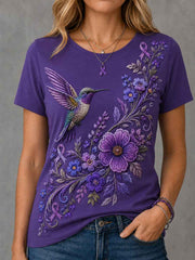 Women's Purple Floral & Hummingbird Print Alzheimer's Awareness Support Tee