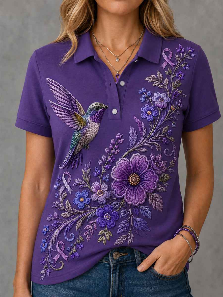 Women's Purple Floral & Hummingbird Print Alzheimer's Awareness Support Polo