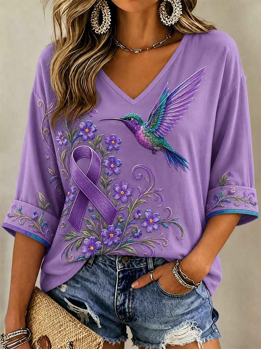 Women's Purple Floral & Hummingbird Print Alzheimer's Awareness Support V-Neck Tee