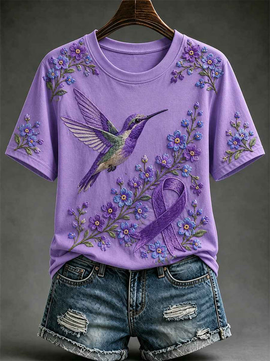 Women's Purple Floral & Hummingbird Print Alzheimer's Awareness Support Tee