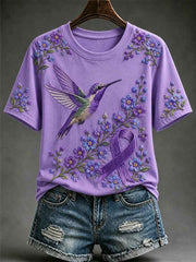 Women's Purple Floral & Hummingbird Print Alzheimer's Awareness Support Tee