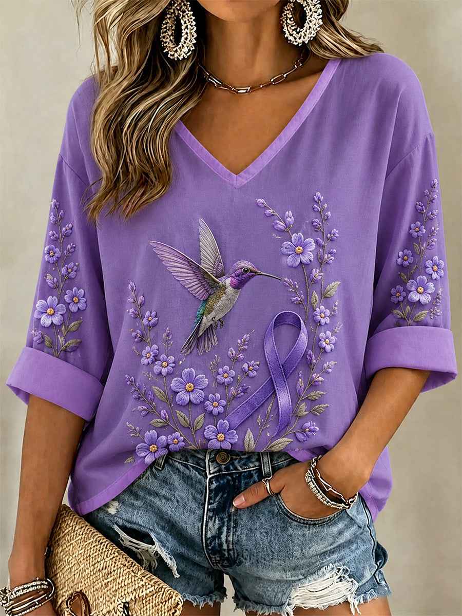 Women's Purple Floral & Hummingbird Print Alzheimer's Awareness Support V-Neck Tee