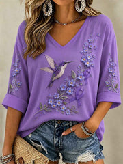 Women's Purple Floral & Hummingbird Print Alzheimer's Awareness Support V-Neck Tee