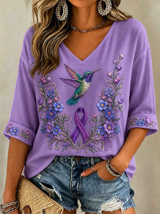 Women's Purple Floral & Hummingbird Print Alzheimer's Awareness Support V-Neck Tee