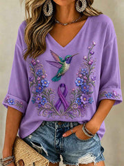 Women's Purple Floral & Hummingbird Print Alzheimer's Awareness Support V-Neck Tee