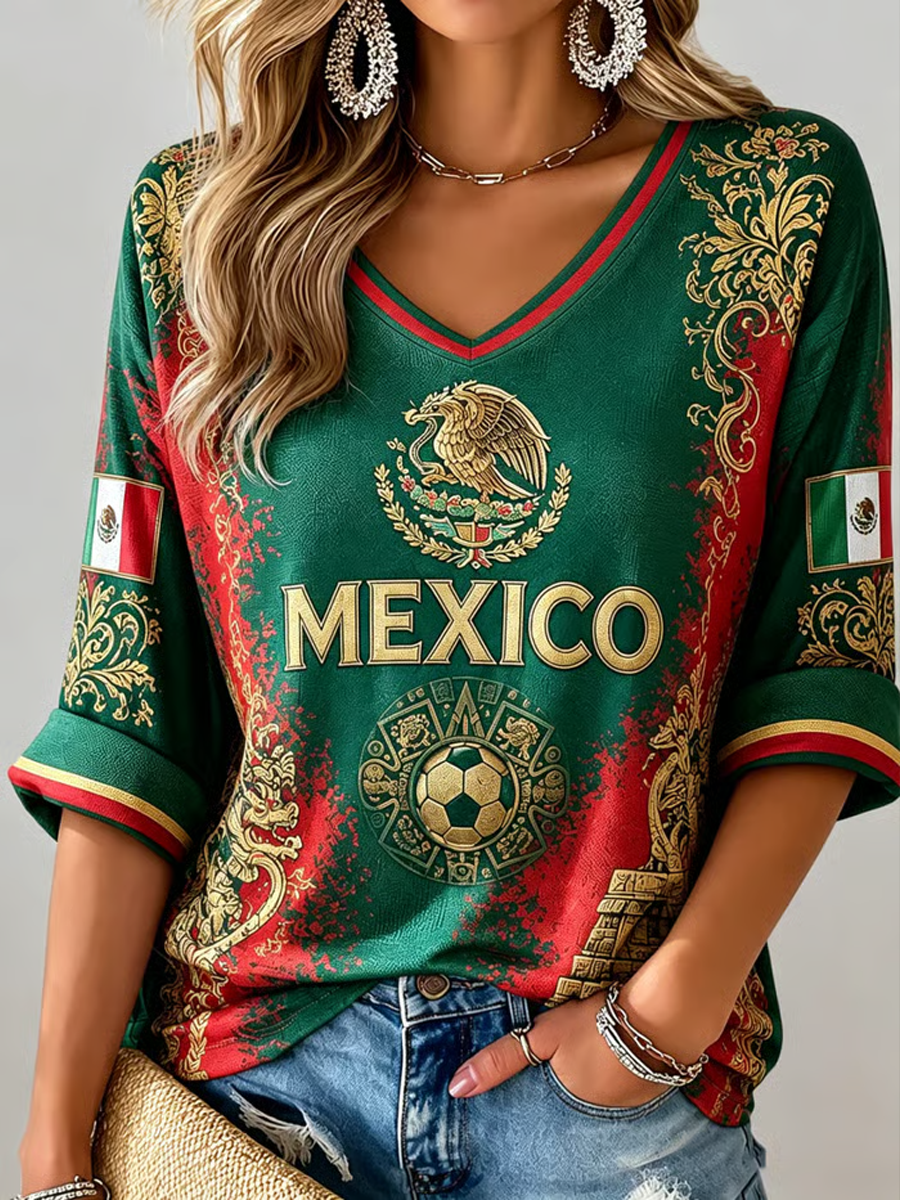 Women's Mexico Football Printed Mid-length Sleeves V-Neck T-Shirt gracestitchs
