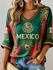 Women's Mexico Football Printed Mid-length Sleeves V-Neck T-Shirt gracestitchs