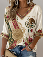 Women's Mexico Football Printed Mid-length Sleeves V-Neck T-Shirt gracestitchs