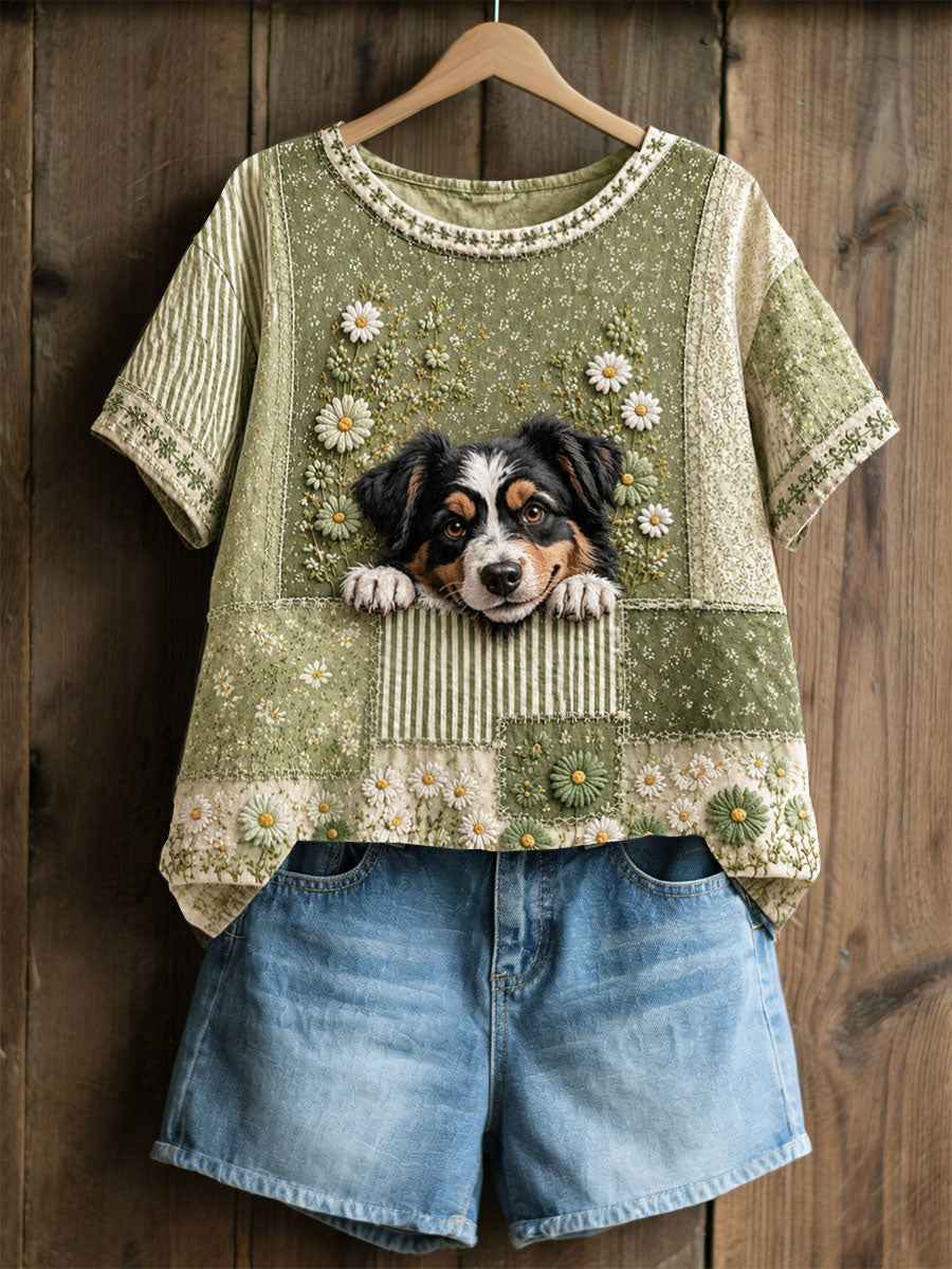 Women's Dog Floral Patchwork Pastoral Style Casual Linen T-shirt
