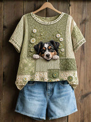 Women's Dog Floral Patchwork Pastoral Style Casual Linen T-shirt
