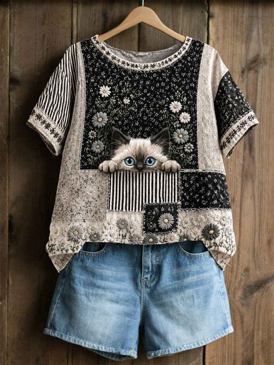 Women's Cat Floral Patchwork Pastoral Style Casual Linen T-shirt