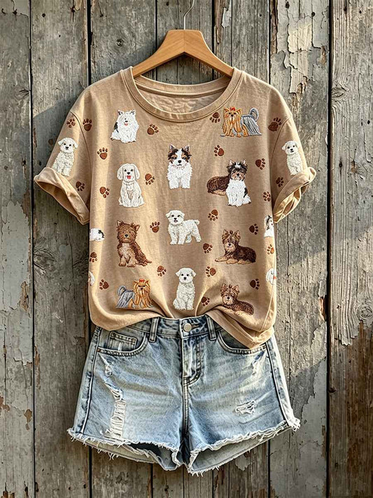 Women's Cute Dogs Pattern Print Round Neck Short-sleeved T-shirt