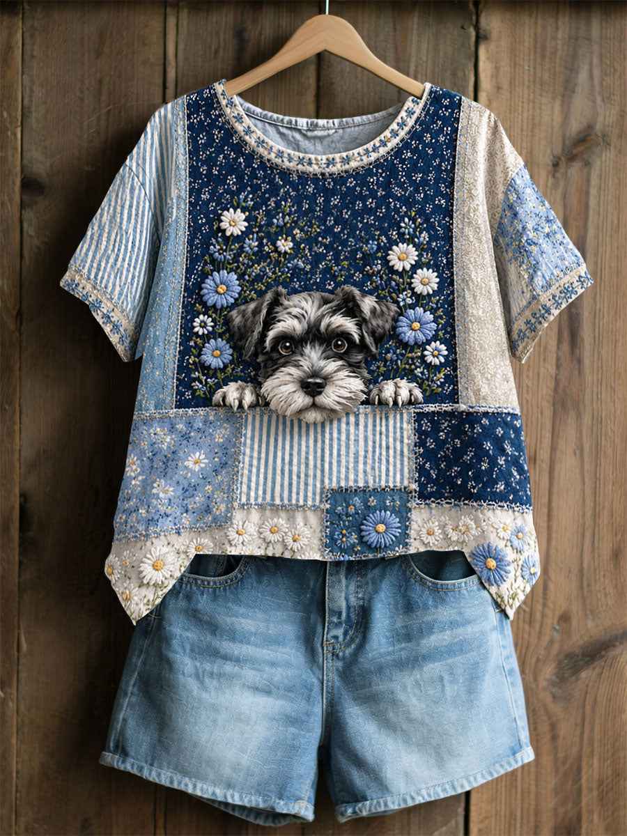 Women's Dog Floral Patchwork Pastoral Style Casual Linen T-shirt