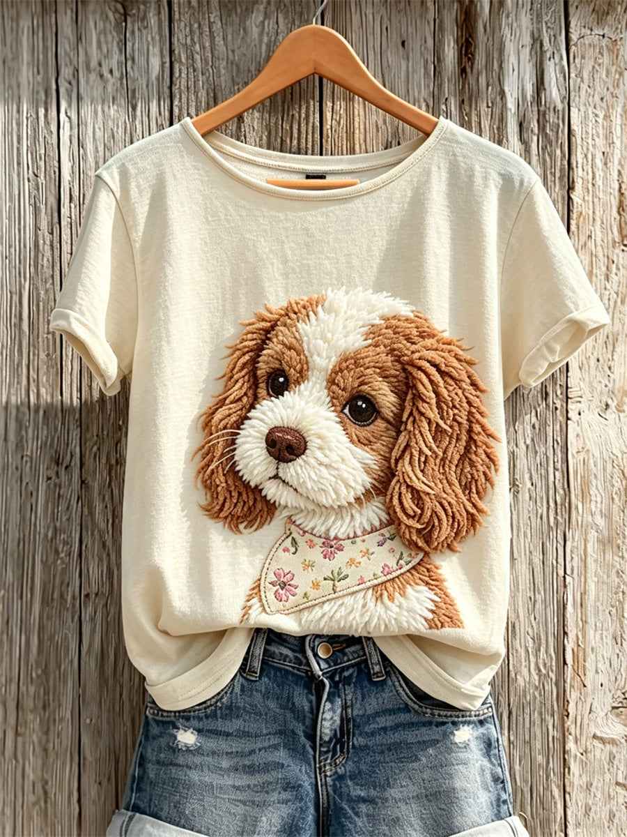 Women's Fuzzy Cavalier King Charles Spaniel Dog Print short-sleeved T-shirt