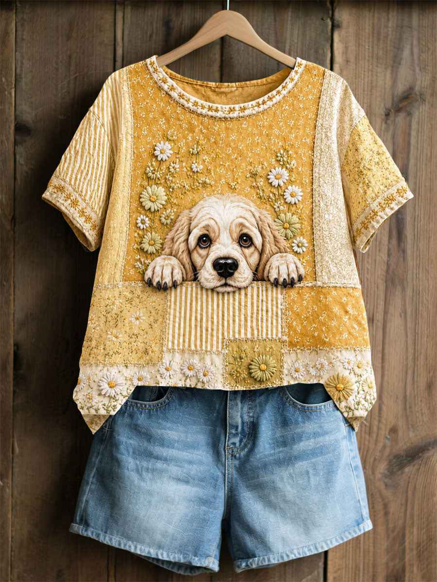 Women's Dog Floral Patchwork Pastoral Style Casual Linen T-shirt