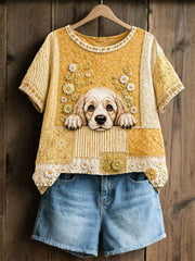 Women's Dog Floral Patchwork Pastoral Style Casual Linen T-shirt