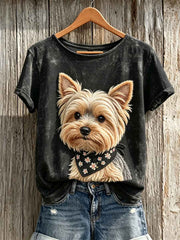 Women's Fuzzy Yorkshire Dog Print short-sleeved T-shirt