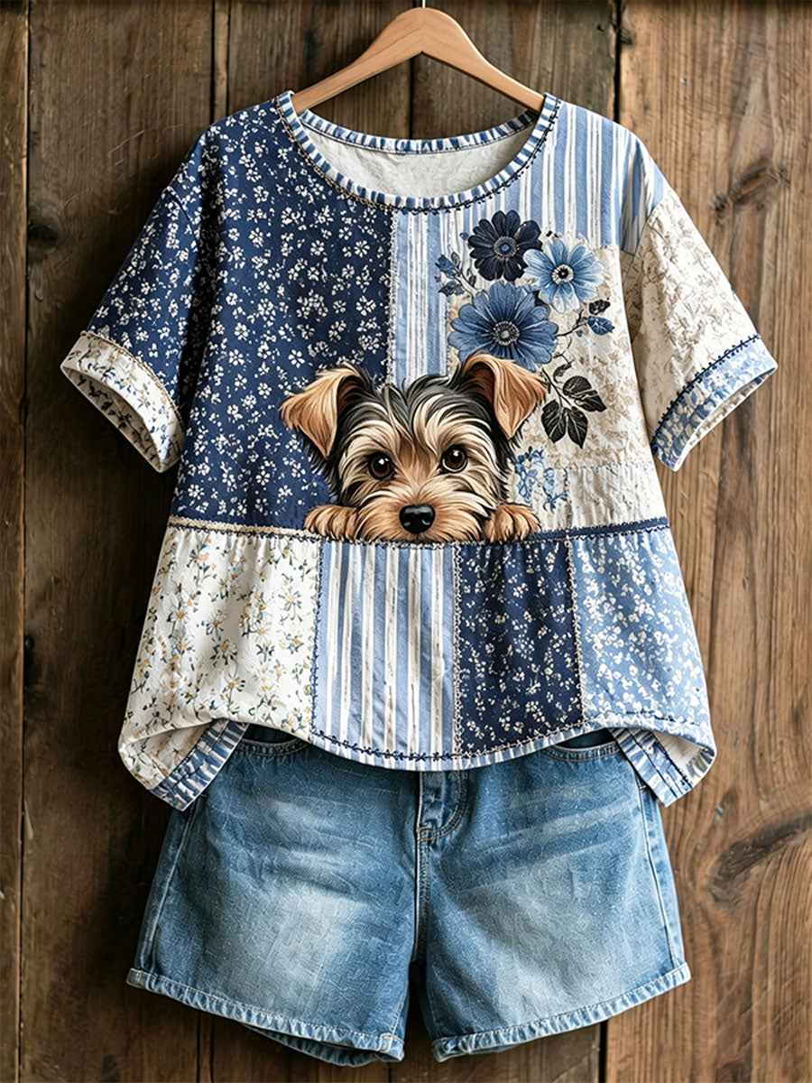 Women's Dog Floral Patchwork Pastoral Style Casual Linen T-shirt