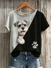 Women's Peeking Schnauzer Dog & Paw Print Contrast Print short-sleeved T-shirt