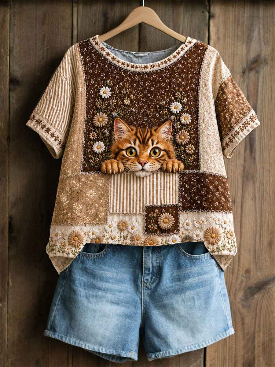 Women's Cat Floral Patchwork Pastoral Style Casual Linen T-shirt